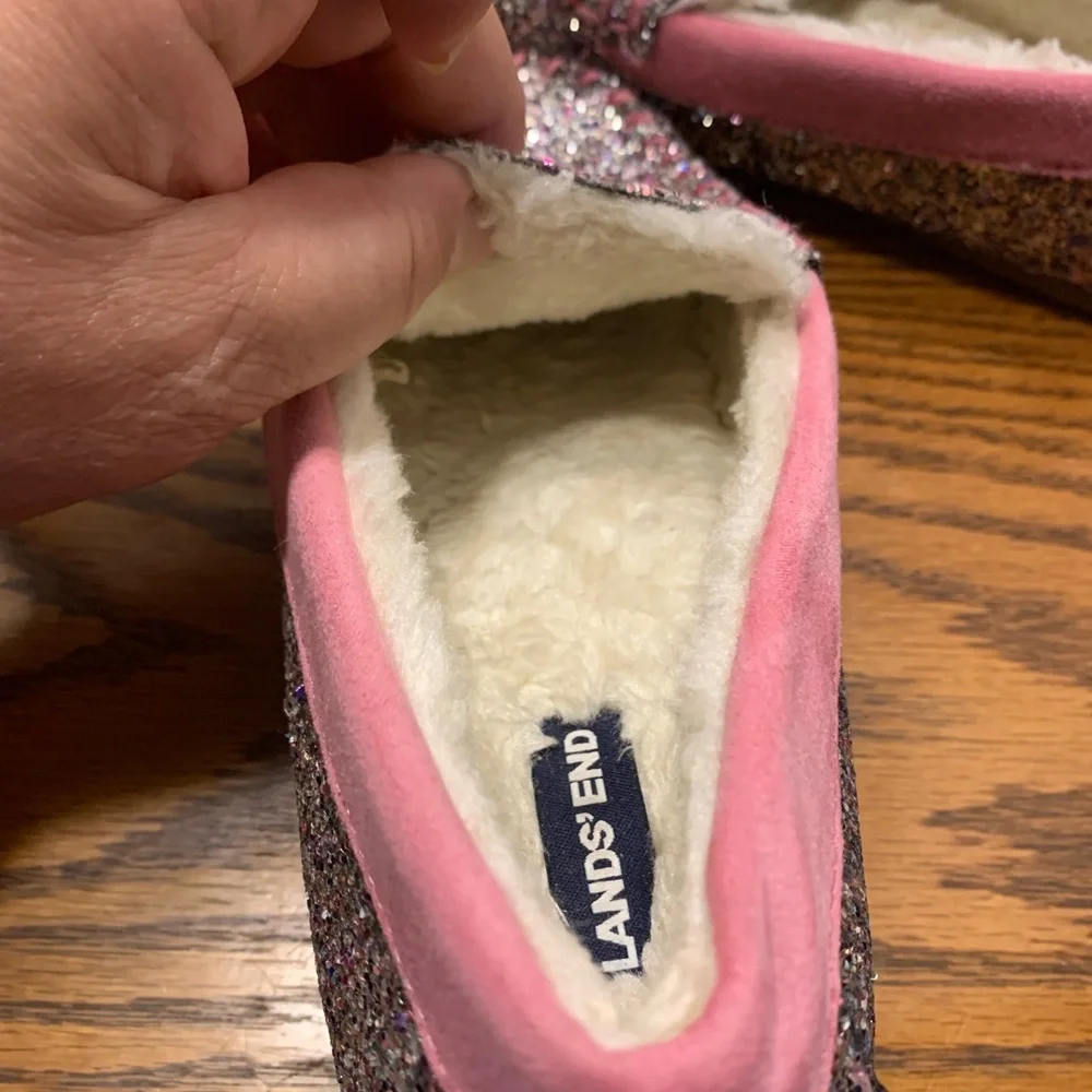 Lands' End Sparkling Glitter Pink and Silver size 4 Moccasins
